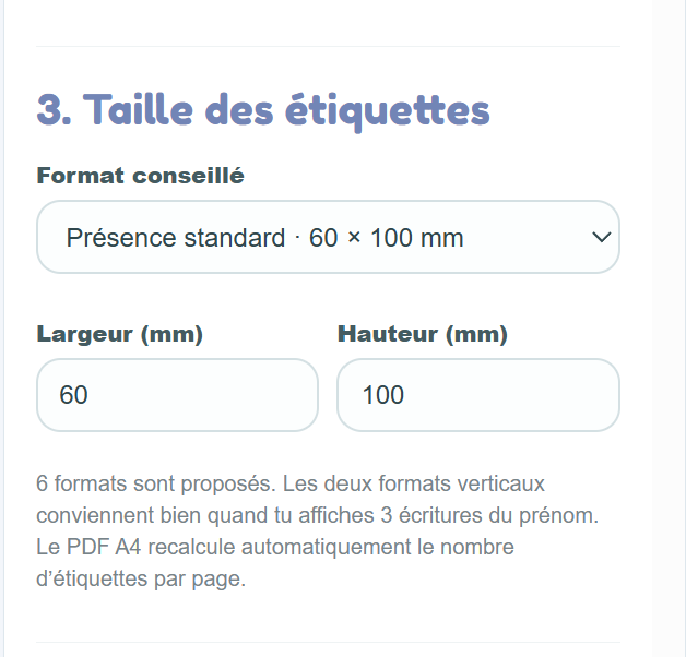 Choix du format de l’étiquette