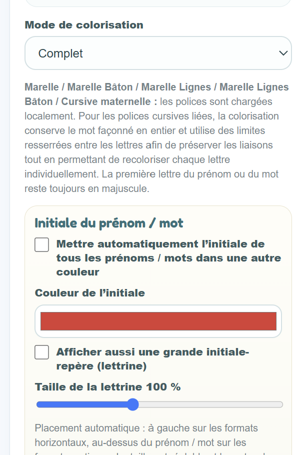 Réglage de l’initiale repère et de la colorisation