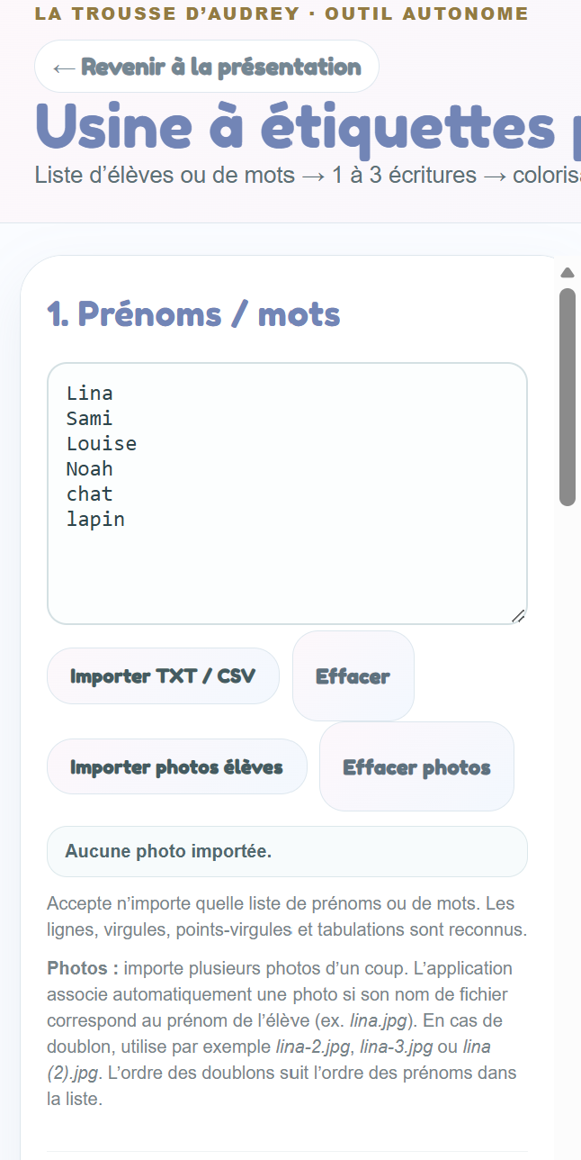 Saisie des prénoms, import TXT CSV et import de photos ou images